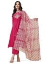 EthnicJunction Women’s Chinon Embroidered Straight Front Slit Kurta Palazzo & Organza Dupatta Set(SKD36-Begum-Pink_M)