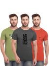 BULLMER Mens Regular Fit Printed Round Neck Cotton Tshirt Pack of 3 – Orange/Green_Large