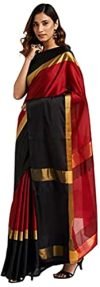 DHRUVI TRENDZ Women’s Banarasi Cotton & Silk Saree With Unstitched Blouse Piece (Dupli-S1122_Black_One Size_Red & Black)