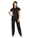 Fabme Women’s Plain Satin Night Suit (Shirt and Pyjama) (Black) (Size – Small || Bust 34″)