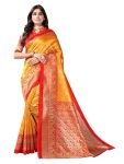 Satrani Women’s Poly Silk Printed Saree with Unstitched Blouse Piece (2331S805_Mustrad Yellow & Red)