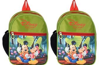 Kuber Industries Mickey & Minnie Print Rexine Lightweight, Portable School Bag, Backpack, Bookbag For Kids Pack Of 2 (Green)