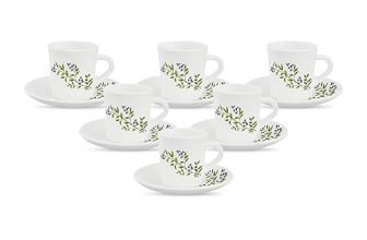 La Opala, Melody Collection, Opal Glass Cup & Saucer Set Fontana 12 Pcs, Lush Greens, White