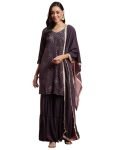 INDO ERA Women’s Embroidered Poly Georgette Above Knee Straight Kurta Sharara Set with Dupatta (IEOUT7154_Large) Purple
