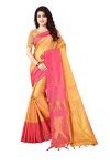 Dhruvi Trendz Women’s Banarasi Cotton & Silk Saree With Blouse Piece (Dt-S1396_Pink_One Size_Mustard Yellow)