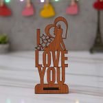 eCraftIndia Brown Wooden Romantic Kissing Couple with I Love You Decorative Valentines Day Gift for Girlfriend, Boyfriend, Husband, Wife