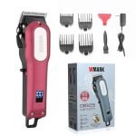 WMARK NG-101 Professional cordless Hair Clipper Digital Display 6500 RPM Motor Stainless steel Blade charging adaptor 4 Guide Comb Taper Lever Adjustment Runtime: 240 min 2000 mAh Li-ion Battery, Red