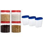 Amazon Brand – Solimo Marvel Jar with Snapfit Cap, 475 ml, Set of 4, Red & Set of 3 Grocery Jar (450ml), Blue Combo