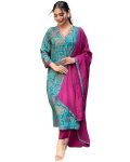 GoSriKi Women’s Cotton Blend Straight Printed Kurta with Pant & Dupatta (Down-RAMA-Green-GS_M_Green_Medium)