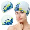 Slovic Silicone Swimming Cap for Men & Women | Stylish Pool Cap for Long Hair | Protection from Chlorine | Waterproof Hair Protector with Ear Plugs & Nose Plug Set | Free Size Swim Cap | White & Blue