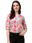 Wedani Women’s Casual Puff Sleeves V Neck Foral Top (Medium, Beige)