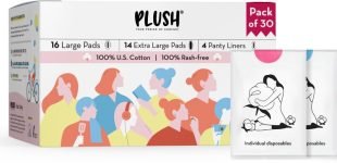 Plush 100% Pure Cotton Natural Sanitary Napkins With Individual Biodegrabdable Disposable Pouches Inside| 100% Rash Free Comfort With Pads For Different Flows | No Nasty Chemicals Sanitary Pad(Pack Of 30)