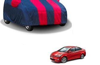 Kozdiko Waterproof Blue Red Body Cover With Mirror Pockets, Buckle Belt, Triple Stiched, Fully Elastic For Hyundai Fluidic Verna 4S