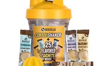 Bevzilla Instant Coffee Sachets & Bottle Pack With 25 Flavoured Coffee Sachets (2 Grams Each) And Bpa Free Shaker 500 Ml For Office, School, Gym, College, Makes Cold Coffee, Frappe, Cafe Shakes At Home | English Butterscotch, Colombian Gold, French Vanilla & Turkish Hazelnut Flavour | Protein Shaker| Cold Coffee Shaker| Leak Proof | Gym Shaker Bottle