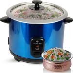 SOLARA Automatic Rice Cooker, Automatic Electric Cooker with Food Steamer, Electric Rice Cooker and Grain Cooker, 500 Watts, Rice Cooker 1.5 litre with Steam & Rinse Basket – Blue