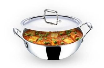 Kuber Industries Tri-Ply Stainless Steel Kadhai With Lid I Induction Base I 1.6 Litres Capacity I 20Cm Diameter I Extra Deep Frying Pan I Riveted Handles