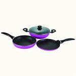 Wonderchef Athena Aluminium Non-Stick Cookware Set Of 4 | Kadhai With Glass Lid 24Cm, Fry Pan 24Cm & Dosa Tawa 25Cm | Induction Friendly Cookware | Cool Touch Bakelite Handle | Pure Grade Aluminium | Pfoa Free | 2 Year Warranty | Pink