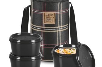 Milton Lofty Tiffin (3 Microwave Safe Inner Steel Containers, 1 X 320 Ml, 2 X 450 Ml Each) With Insulated Fabric Jacket, Black