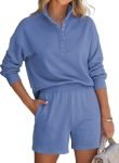Aleumdr Women 2 Piece Outfits Sweatsuit Fashion Long Sleeve V Neck Button Down Pullover and Shorts Set with Pockets, Blue, Medium
