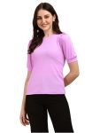 Selvia Women’s Puff Sleeve Lycra Round Neck Regular Top(178TK2906N-L_Lavender)