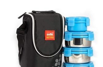 Cello Max Fresh Click Lunch Box Set With Bag, 4 Containers, 300 Ml, Blue Outer Plastic & Inner Stainless Steel Tiffin Box With Jacket Leakproof Lunch Boxes Easy To Clean Ideal For College, Office