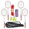 Hipkoo Sports Standard Aluminum Badminton Rackets Set of 4| Wide Body Shuttle Bat with Cover, 3 Shuttles and Net| Ideal for Beginner| Lightweight and Sturdy| Red