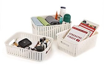Cello Style Knit Small Basket Without Lid, Set Of 3, Ivory,Plastic