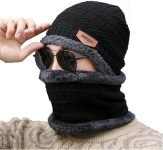Fitness Mantra® Beanie Cap & Muffler for Men & Women| Beanie Cap| Woolen Topaa| Winter Cap| Head & Neck Warmer| Black Color| 2 Set|