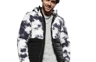 Campus Sutra Men’S Black & White Tie-Dye Block Puffer Jacket For Casual Wear | Hooded Neck | Long Sleeve | Zipper Closure | Jacket Crafted With Comfort Fit For Everyday Wear