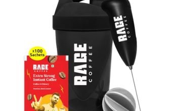 Rage Coffee Extra Strong Premium Blend Coffee Sachets – (Pack Of 100) | Premium, Bold & Instant | Makes 100 Cups | Instant Coffee Sachets & Chicory- 100% Arabica Beans For Hot & Cold Coffee Powder + Multi-Purpose Shaker 400 Ml & Frother