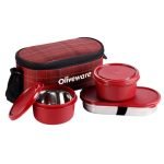 SOPL-OLIVEWARE Hazel Lunch Box, Leak Proof & Microwave Safe, 3 Inner Steel Containers (450ml, 450ml, 550ml), Insulated Fabric Bag, Full Meal & Easy to Carry (Red)