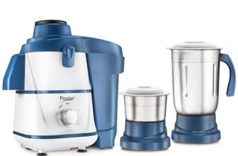 Prestige Breeze 500W Juicer Mixer Grinder With 2 Stainless Steel Jars|Detachable Pulp Collector|Double Lock System|Efficient Stainless Steel Sieve|Juice Outlet|Blue & White