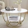 Ereteken ART Round Gold Coffee Table,2 Tier Coffee Tables for Living Room,Circle Coffe Table with Storage Modern Center Tea Table Wooden Faux Marble Top Metal Legs Accent Table (Gold-Whit)