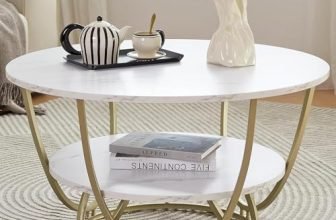 Ereteken ART Round Gold Coffee Table,2 Tier Coffee Tables for Living Room,Circle Coffe Table with Storage Modern Center Tea Table Wooden Faux Marble Top Metal Legs Accent Table (Gold-Whit)