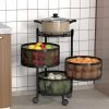 Kuber Industries Storage Rack | 3-Layer Round Multipurpose Storage Trolley with Wheels | Rotating Vegetable Kitchen Rack | Kitchen Cabinet Spice Rack | Metal Fruit Storage Rack | Black