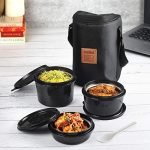 Cello Max Fresh Click Lunch Box Set With Bag, 3 Containers, 300Ml, Black | Outer Plastic & Inner Stainless Steel Tiffin Box With Jacket | Leakproof Lunch Boxes | Ideal For College, Office