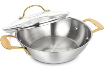 Michelangelo Stainless Steel Kadai, 24Cm/ 2.5 Litres Steel Kadai With Golden Riveted Handles, Heavy Bottom, Induction Kadai And Gas Ready, Silver