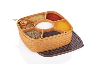 E-Cosmos Plastic Square 7 Sections Multipurpose Masala Rangoli Dabba Box Set, Spice Box Set – Brown (Masala Box – 7 In 1)