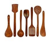 Ereteken ART Handmade Wooden Non-Stick Serving and Cooking Spoon Set of 7 (Natural)