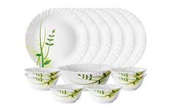 Larah By Borosil Green Herbs Fluted Series Opalware Dinner Set | 13 Pieces For Family Of 4 | Microwave & Dishwasher Safe | Bone-Ash Free | Crockery Set For Dining & Gifting | Plates & Bowls | White