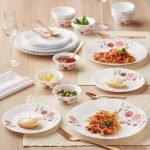 Larah By Borosil Pack Of 34 Opalware Galaxy Dahlia Crockey Set For Dining & Gifting, Plate & Bowl Dinner Set(White, Pink, Microwave Safe)