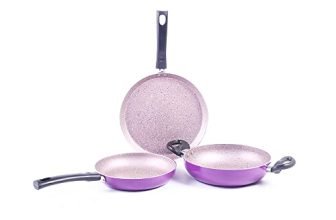 Wonderchef Valencia Non-Stick Cookware 3 Piece Set | Kadhai, Fry Pan, Dosa Tawa | Cool Touch Bakelite Handles | Pure Grade Aluminium| Pfoa Free| 2 Years Warranty | Purple