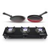 Lifelong Llcmbgs03 Manual Ignition High Efficiency 3 Burner Glass Top Gas Stove For Lpg Use With Dosa Tawa And Fry Pan Combo (Black)