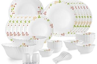 Cello Opalware Dazzle Series Secret Garden Dinner Set, 35 Units | Opal Glass Dinner Set For 6 | Light-Weight, Daily Use Crockery Set For Dining | White Plate And Bowl Set