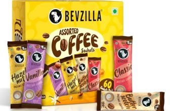 Bevzilla 60 Instant Coffee Powder Sachets(4 Flavours) – 120 Grams | Turkish Hazelnut, Colombian Gold, French Vanilla & English Butterscotch | 15 Sachets Each Flavour| Makes 60 Cups| 100 % Arabica Coffee| Strong Coffee
