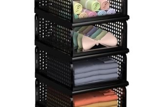 Kuber Industries (Pack Of 4) Foldable Cupboard Organizer For Clothes – Stackable Closet Organizer For Wardrobe – For Shirt | T Shirt | Jeans – Plastic Cupboard Dress Racks For Clothes Storage (Black)