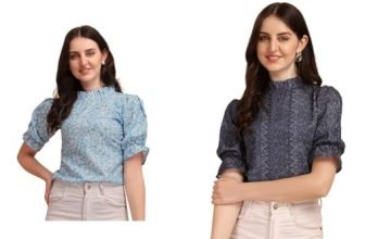 Wedani Women’s Casual Puff Sleeves Ruffled Collor Foral Top (Large, Black) (Pack of 2)