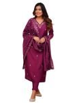 Naixa Women’s Wine Viscose Chanderi Embroidered Straight Kurta with Viscose Chanderi Pant and Chanderi Embroidered Dupatta Sets (S-Zarna-Wine-M)