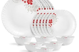 Cello Opalware Dazzle Series Scarlet Bliss Dinner Set, 18 Units | Opal Glass Dinner Set For 6 | Light-Weight, Daily Use Crockery Set For Dining | White Plate And Bowl Set