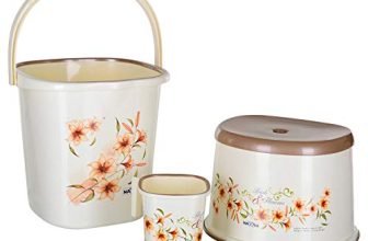 Nayasa Super Plastic Square Deluxe Bathroom Bucket With Matching Mug And Matching Patla, Set Of 3 (18 Liters, 3-Pieces)|Bathroom Set|Bath Set For Bathroom|Off White